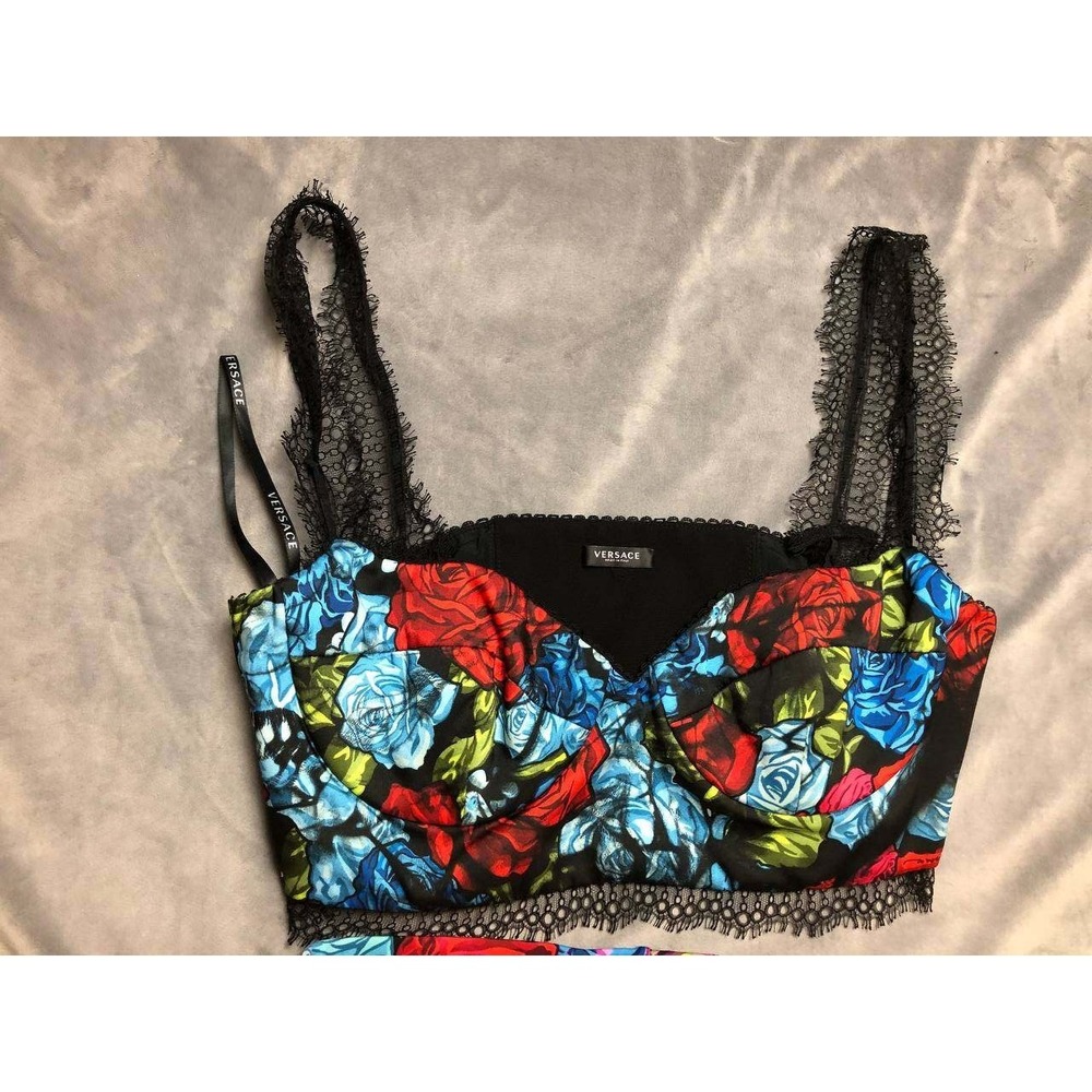 Versace Runway Silk Bralette Corset Top IT 46 US L Blue Rose Floral Lace